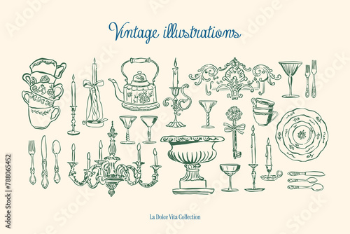 Minimalist hand drawn vintage vector illustration collection. Art for greeting cards, wedding invitations, poster design, postcards, branding, logo design, background.