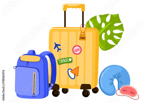 Wheel luggage for travel. Modern suitcase with handle, baggage tag, pillow and sleep mask. Holiday bags. Tourists packages. Flat vector illustration isolated on white background