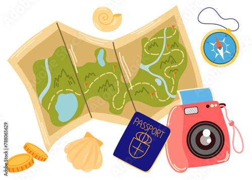 Map, camera, passport, money and compass for sea travel. Tourists stuff, things for summer tour, vacation voyage. Travelers objects. Flat vector illustration isolated on white background