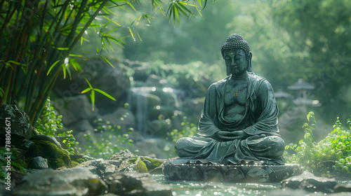 buddha statue on a rock lakeside  natural spa background with asian spirit  tranquility in green nature  web banner concept with copy space