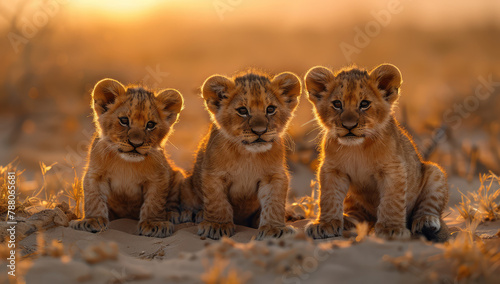 A group of lion cubs sitting together, their playful and curious expressions captured in the golden light of sunset. Created with Ai