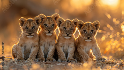  A group of adorable lion cubs, basking in the golden sunset light. The photo is in the style of a documentary. Created with Ai © Graphics