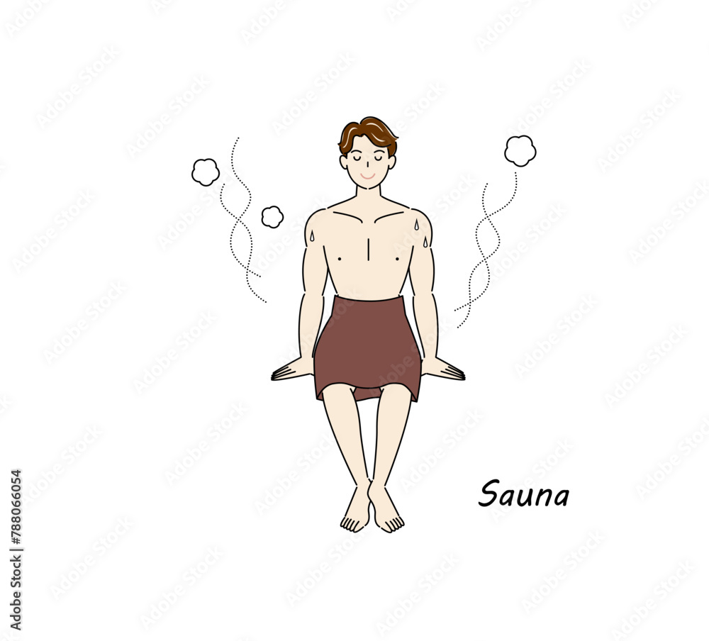 サウナから水風呂の後、休憩スペースへ移動し、外気に当たりながら体を冷ましている爽やかな男性 ととのう
After taking a cold bath from the sauna, a refreshing man moves to the rest area and cools his body down in the fresh air. Simple illustration Vector サウナから水風呂の後、休憩スペースへ移動し、外気に当たりながら体を冷ましている爽やかな男性 ととのう
After taking a cold bath from the sauna, a refreshing man moves to the rest area and cools his body down in the fresh air. Simple illustration Vector