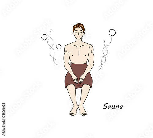 サウナから水風呂の後、休憩スペースへ移動し、外気に当たりながら体を冷ましている爽やかな男性 ととのう イラスト