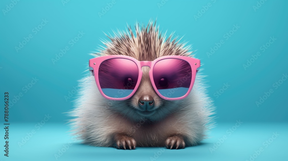 Porcupine in sunglass shade glasses isolated on solid pastel background, advertisement, surreal surrealism Porcupine in sunglass shade glasses isolated on solid pastel background, advertisement, surreal surrealism