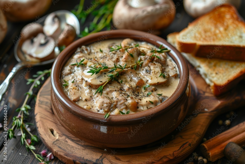 Thyme and mushroom baked chicken pate on toast with old woodENARIO00 Thyme and mushroom baked chicken pate on toast with old woodENARIO00