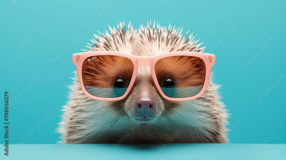 Porcupine in sunglass shade glasses isolated on solid pastel background, advertisement, surreal surrealism