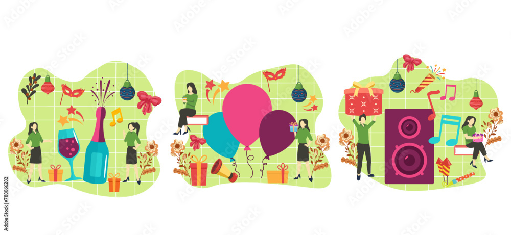 Fototapeta premium New Year Celebration Flat Bundle Design Illustration