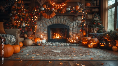 room decorated for Halloween an fire burning in fireplace.  photo