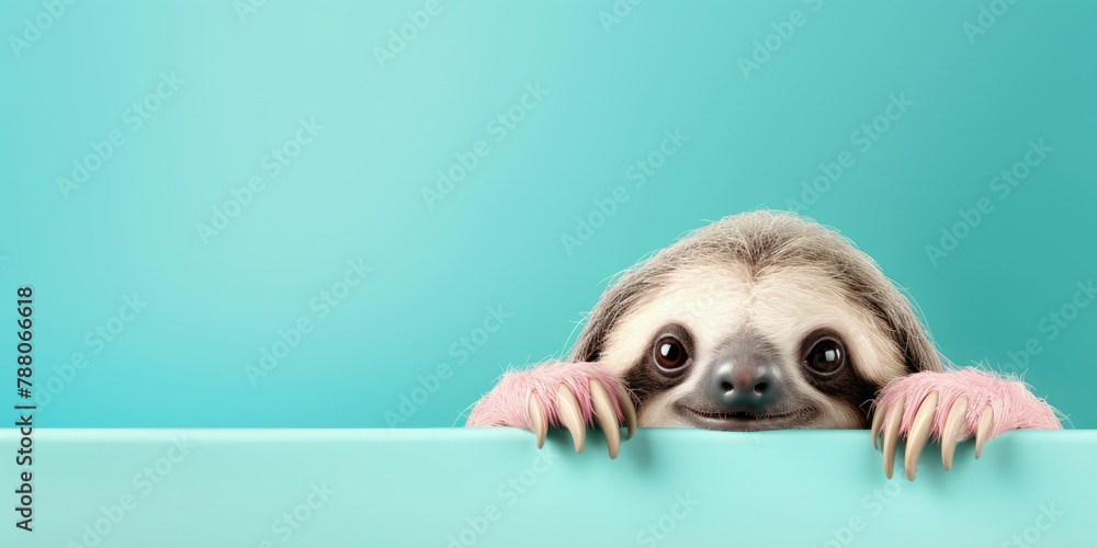 Fototapeta premium Sloth peeking over pastel bright background. advertisement, banner,. birthday party invite invitation banner