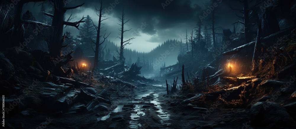 nightmare halloween background, Mystical Forest Path at Night