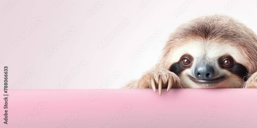 Fototapeta premium Sloth peeking over pastel bright background. advertisement, banner,. birthday party invite invitation banner