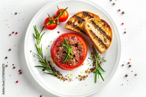 Tomato meat pate with truffle crumbs on grilled crouton white background Healthy top view