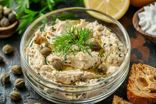 Top down view of fish pate with capers in a glass container