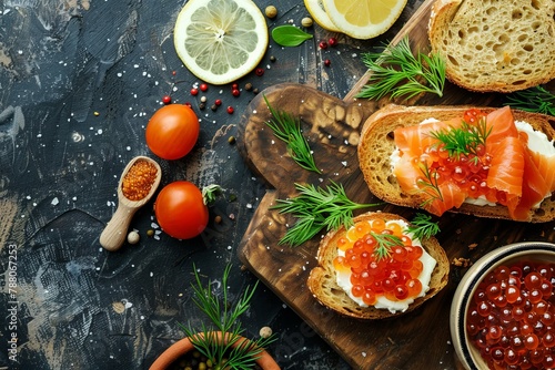 Top view of a smorrebrod sandwich with capelin caviar and salmon pate on a table for a healthy outdoor snack Background image with space for text photo