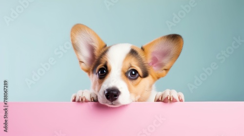 Welsh Corgi dog puppy peeking over pastel bright background. advertisement, card. copy text space. birthday party invite invitation banner  © Creative Canvas
