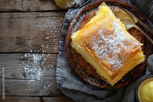 Top view of Bougatsa pastry with phyllo dough and custard cream on wooden background