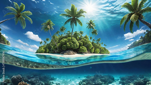 Tropical island with half underwater view
