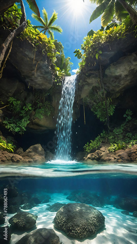 Waterfall in tropical jungle with half underwater view