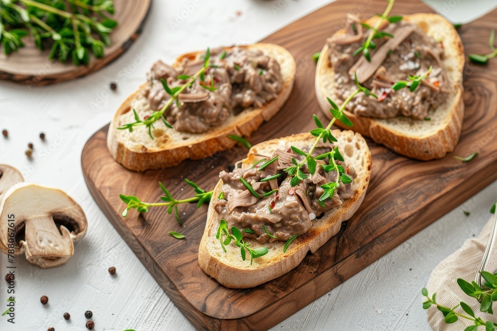 Top view of chicken liver pate on toast on wooden board and light background