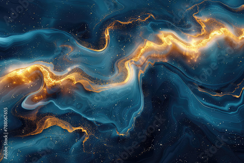 Ethereal blue and gold swirls with an ethereal glow, creating the illusion of floating in space, set against deep navy waves. Created with Ai