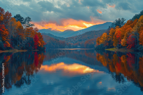 Beautiful autumn colors reflecting in the lake at Blue ridge park, 