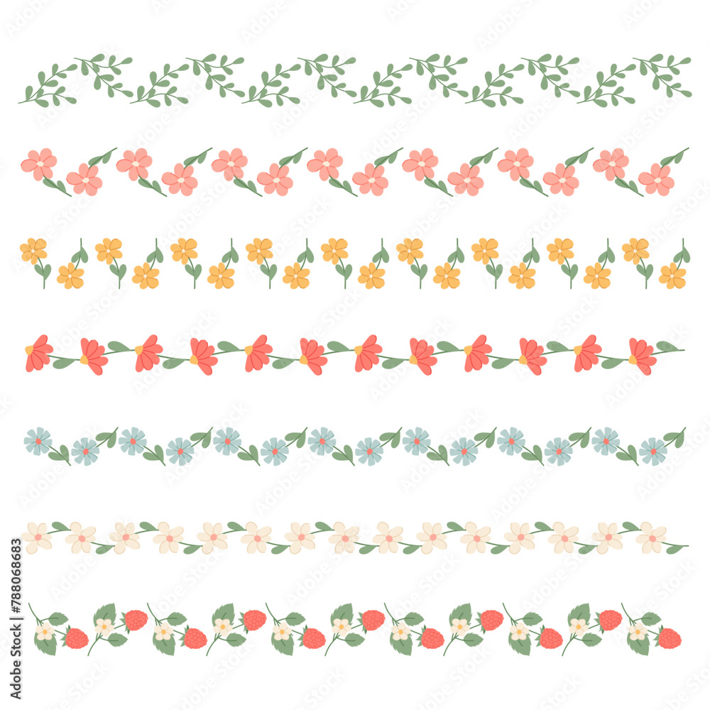 Set of decorative frames, border in flat style. Spring flowers, twigs and berries in flat style. Set of botanical frames with flowers. Set of decorative frames, border in flat style. Spring flowers, twigs and berries in flat style. Set of botanical frames with flowers.