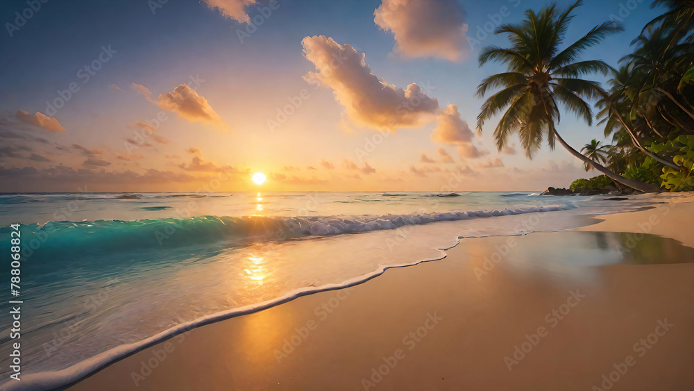 Tropical landscape view from beach under sunset