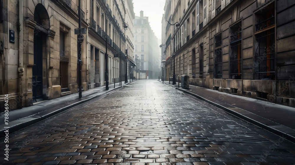 Empty street in Paris France. Morning or evening outdoor without people