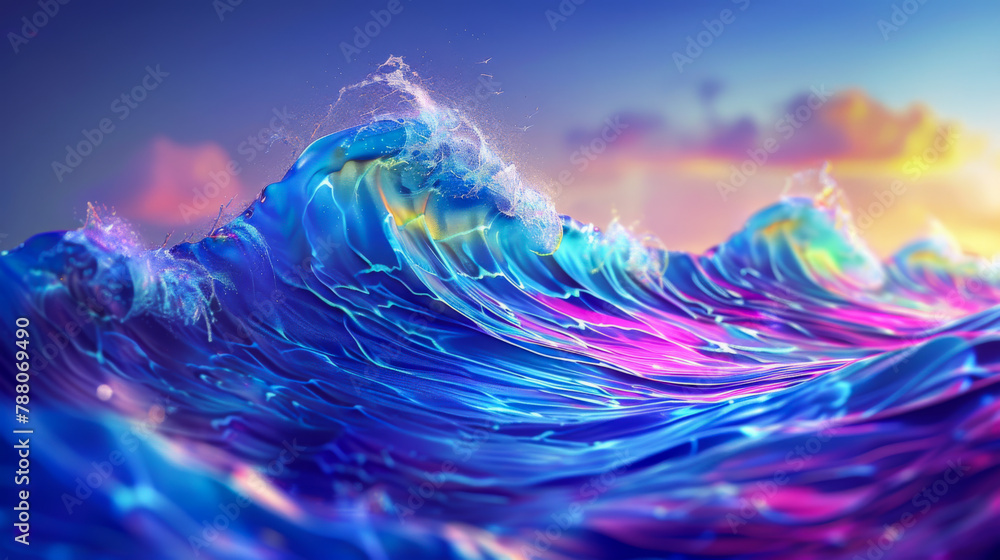 A wave of water with a pink and purple sky in the background. The water is a mix of blue and pink colors A wave of water with a pink and purple sky in the background. The water is a mix of blue and pink colors