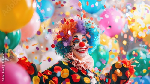 Colorful Clown Celebrating with Balloons and Confetti