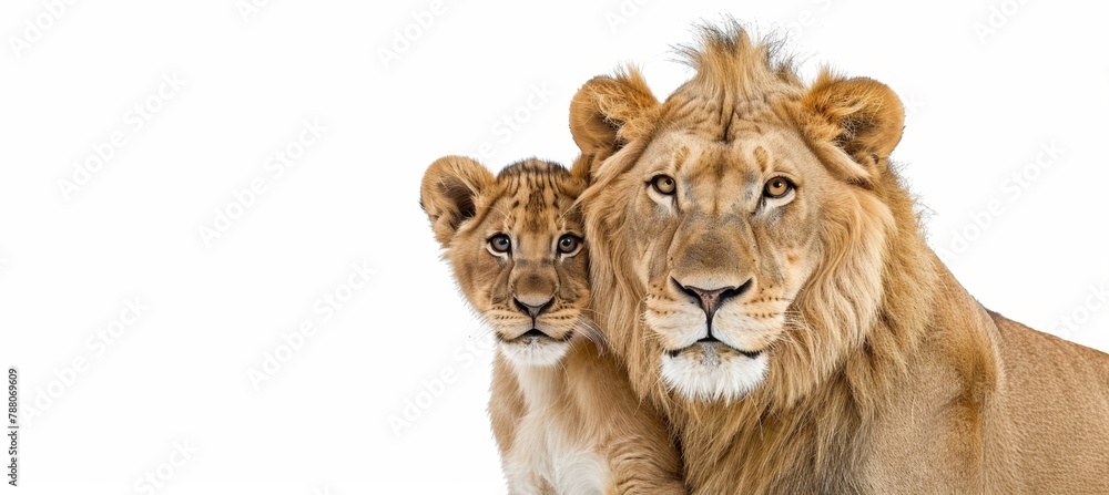 Fototapeta premium Male lion and cub portrait with ample text space, object on right side for balanced composition