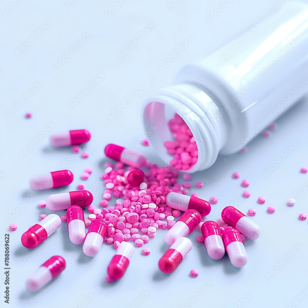 Pink-white antibiotic capsule pills spread out of white plastic drug bottle. Antibiotic drug resistance concept. Antibiotic drug use. Global healthcare. Pharmacy background. Pharmaceutical industry Pink-white antibiotic capsule pills spread out of white plastic drug bottle. Antibiotic drug resistance concept. Antibiotic drug use. Global healthcare. Pharmacy background. Pharmaceutical industry