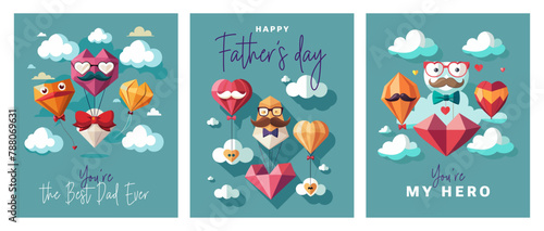 Happy Father's day card set. background origami hearts over clouds with air balloons, paper mustache, glasses and bow tie. Paper art, digital craft style. abstract illustration.