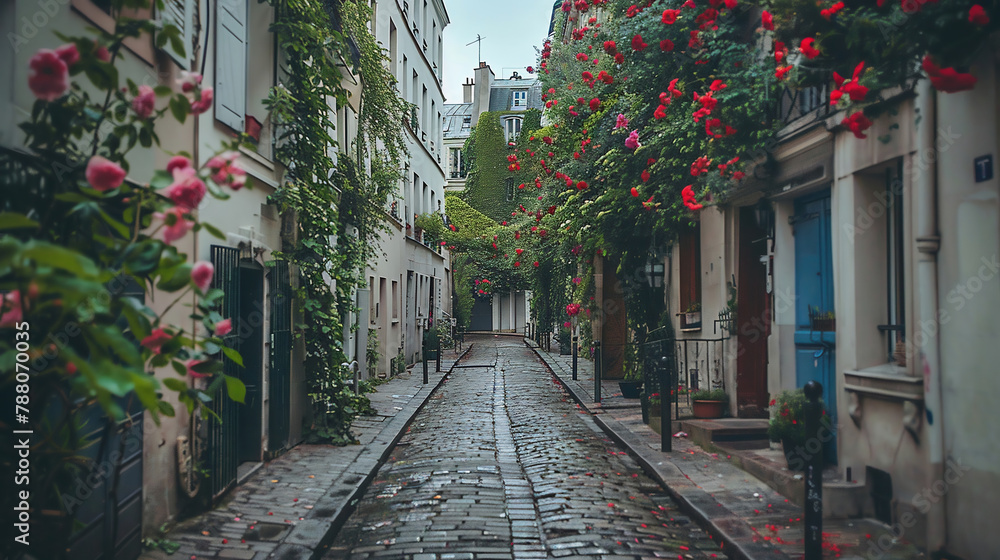empty Parisian street in flowers. Street in France without people