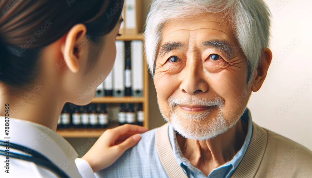 女性の医師に診察される日本人の高齢男性 女性の医師に診察される日本人の高齢男性