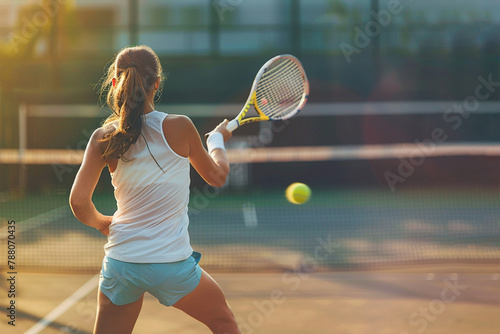 Back view of tennis sportswoman training on court, hitting ball across the court © sinseeho