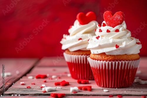 Valentine s Day cupcakes with sugar hearts on wood table and red backdrop
