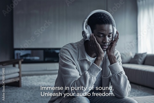 Man in Modern Home Lost in Music with High-End Wireless Headphones with marketing slogan