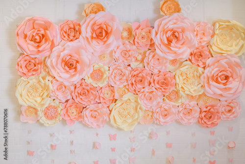 handmade paper roses. multicolored floral banner background