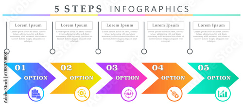 Steps infographics arrows template with 5 options and icons of survey, research, target audience, solutions and growth. For process diagram, presentations, workflow layout, banner, flow chart
