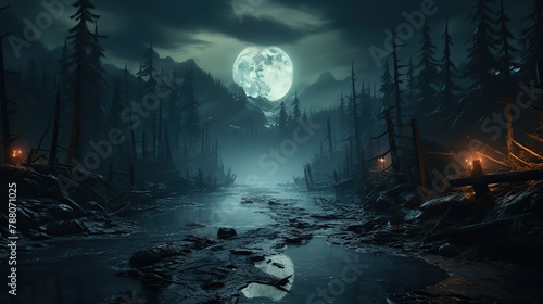 Fantasy landscape with spooky forest and river at night.