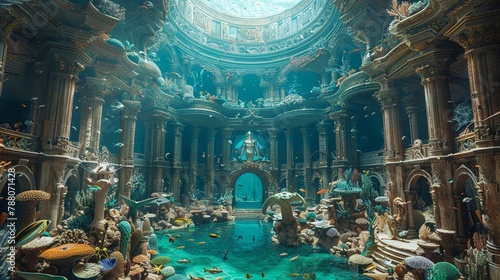 A mythical underwater palace, where Poseidon holds court among sea creatures and merfolk, under a dome of coral photo