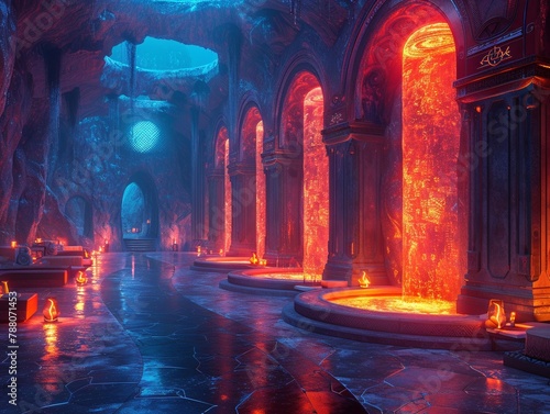A neon-lit Viking hall in a futuristic Valhalla  where warriors feast and recount battles in virtual realms 