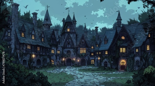A secret academy for wizards and witches hidden in an enchanted forest, where magic is alive and teaches itself photo