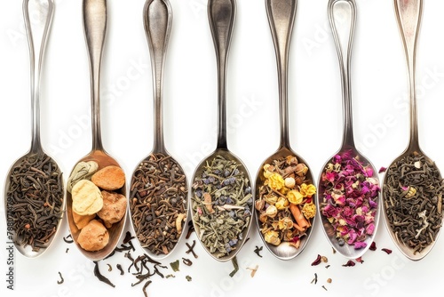 Various types of dry tea in spoons on white background