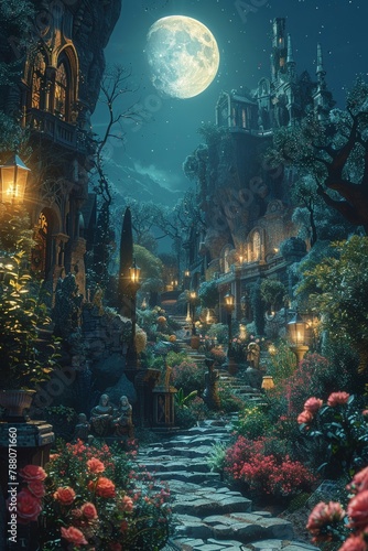 An enchanted Victorian garden at night, where flowers glow and statues come to life under the moonlight