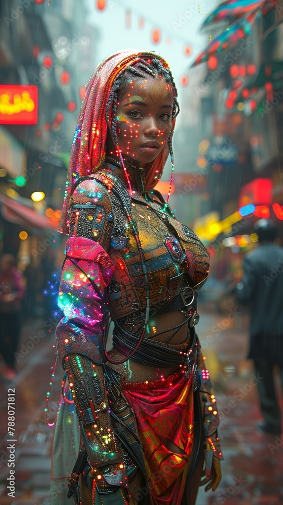 A dystopian fashion district, where designers use recycled materials and holographic fabrics to create avantgarde styles 