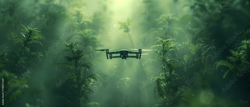 High-Tech Farming: Drone Amidst Crops. Concept Agricultural Innovation, Drone Technology, Precision Farming High-Tech Farming: Drone Amidst Crops. Concept Agricultural Innovation, Drone Technology, Precision Farming