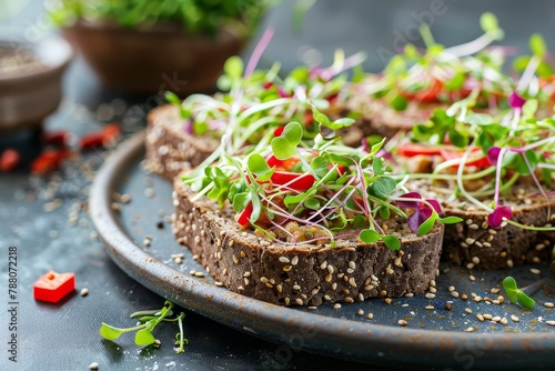 Vegetarian rye sandwich with vegetable pate red pepper micro greens